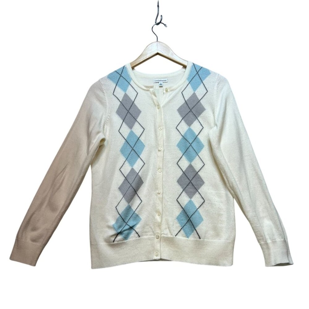 Croft & Barrow Womens Preppy Cardigan Sweater Small White Argyle Crew Neck